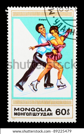 MONGOLIA - CIRCA 1989: A stamp printed by Mongolia shows the figure skating. Winter sports, series, circa 1989