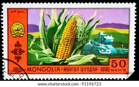 MONGOLIA - CIRCA 1972: A stamp printed in Mongolia shows corn and farming. circa 1972