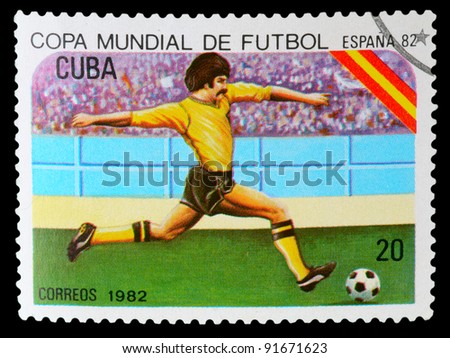 CUBA - CIRCA 1982: a stamp printed by CUBA shows football players. World football cup in Spain, circa 1982