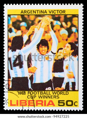 LIBERIA - CIRCA 1978: a stamp printed by LIBERIA, shows football players in world football cup in Argentina, circa 1978