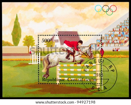 CENTRAL AFRICAN REPUBLIC - CIRCA 1983: A stamp printed in CENTRAL AFRICAN REPUBLIC shows a Show jumping, from series Equestrianism, circa 1983