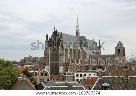 pieterskerk and roofs, leiden cityscape with important church towering over city roofs