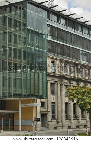stock exchange, Stuttgart,  view of stock exchange building in city center with marble caryatids and modern glass extension