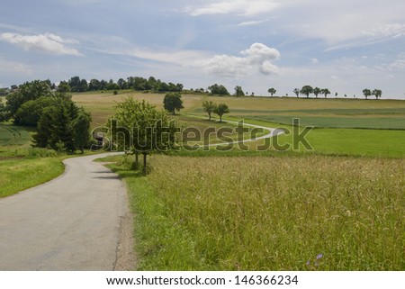 narrow road bending uphill, Ofingen, Baden;  relaxing landscape of hilly Baden country in summer with a narrow road bending uphill among fields