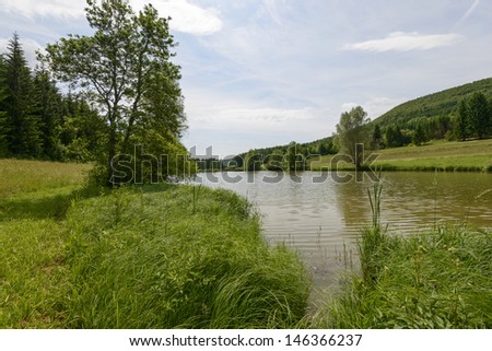 small lake in southern Black Forest, Ofingen, Baden; relaxing landscape of hilly Baden Black Forest in summer with a small lake among grass fields and woods