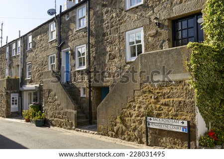 stairs and old houses, ST. Ives, Cornwall, foreshortening of ancient touristic village on the north coast of Cornwall with old houses with outside stairs
