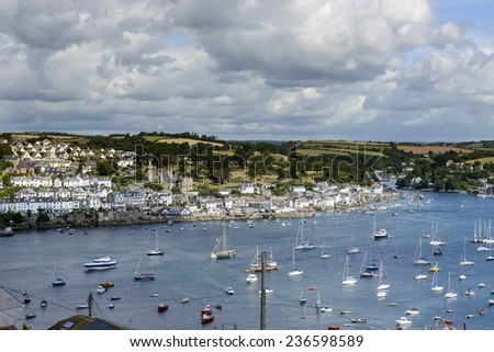 Fowey and cove from Polruan , Cornwall, view of cove harbor and village on southern coast of Cornwall, shot from the opposite side of the cove