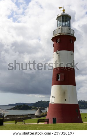 lighthouse at Hoe, Plymouth, view of old light house at historic location in sea town of southern England