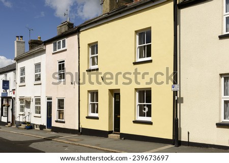 old cottages at Moretonhampsted, Devon, view of  street with old houses in the touristic village of the Dartmoor region