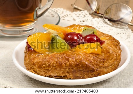 Image of mixed fruit danish pastry in white dish