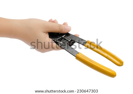 Image of hand holding cutting pliers isolate on white background