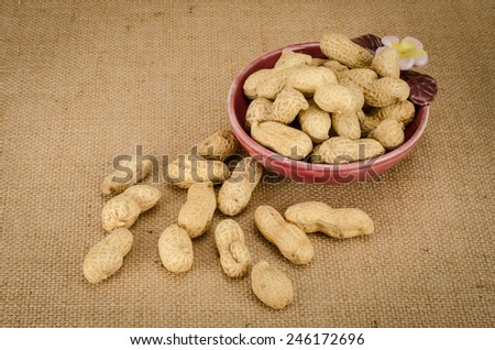Roasted peanuts on brown sack background
