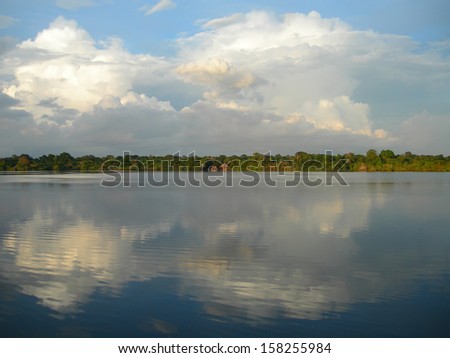 Mirrored sky and forest line on the Rio Negro in the Amazon River basin, Brazil, South America
