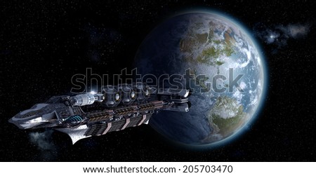 Alien mothership or spacelab leaving Earth for futuristic, fantasy or interstellar deep space travel backgrounds. Earth map for this image is a .jpg file provided under a general permission by NASA.