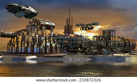 Science fiction island city with metallic ring structures on water and hoovering aircrafts in sunset for futuristic or fantasy backgrounds Science fiction island city with metallic ring structures on water and hoovering aircrafts in sunset for futuristic or fantasy backgrounds