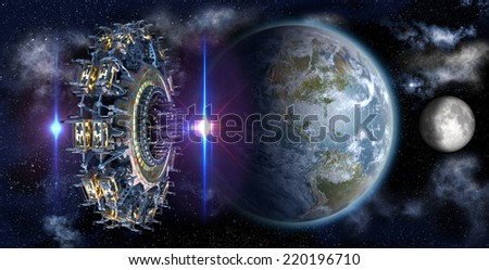 Alien mothership UFO nearing Earth, with the Moon rising and copy space for futuristic, space fantasy or interstellar travel cover images or backgrounds. Elements of this image furnished by NASA.