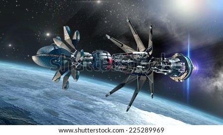 Spaceship with Warp Drive in the initiating state, arriving at a glacial planet, for alien fantasy games or science fiction backgrounds of interstellar deep space travel