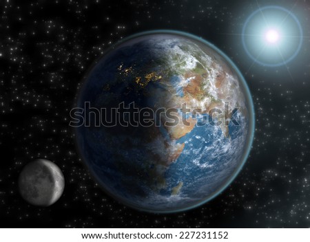 Globe with the European continent in night time, Middle East at day-break and Asia in daylight, with the sun and moon on a starry background. Elements of this image furnished by NASA.