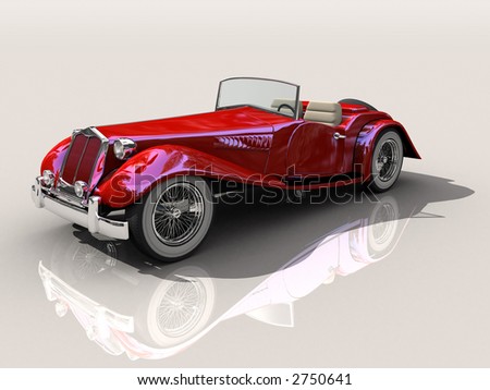 Shiny old Hot Rod 3D model of vintage red convertible car, on reflective surface with clipping work path included, in side view