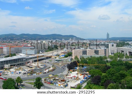 Vienna, Austria, city panorama with major freeway intersection and construction site, taken from the the ferris wheel