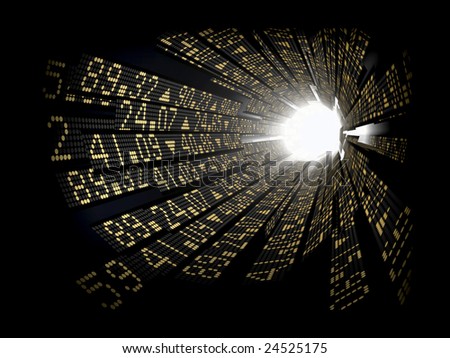 Stock market ticker boards circular arranged as a tunnel with light at the end