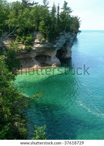 Emerald waters at Pictured Rocks National Park, on Lake Superior in scenic Michigan Upper Peninsula, USA