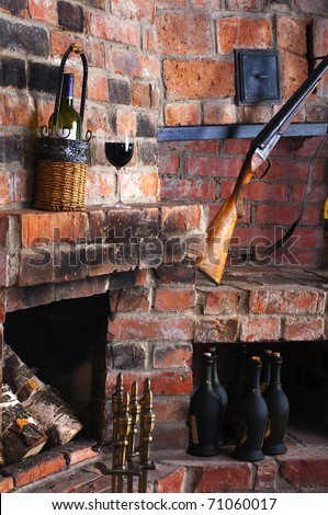 The old brick fireplace in a hunting home