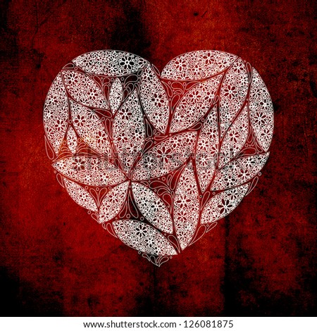 floral heart love valentine white on red grunge paper cover card wallpaper background pattern for text