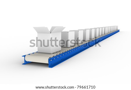 Conveyor. Conveyor Belt, one open Box. Blue and steel. Part of Blue warehouse and logistics series.
