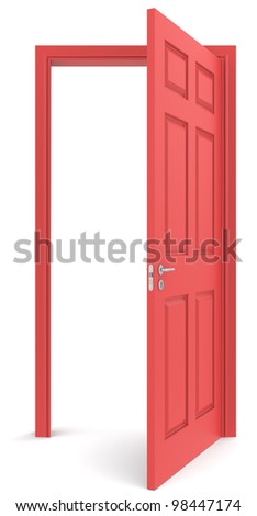 Open Red door. White background. Copy space.