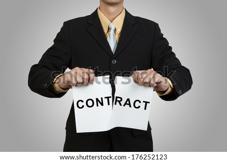 Businessman break contract on gray background