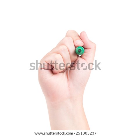 Right hand with green marker isolated on white background