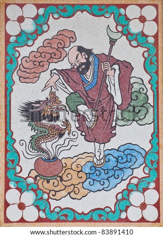Old man spirit on a wall in chinese temple