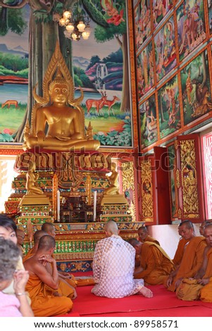 LOPBURI - NOVEMBER 19. Newly ordained Buddhist monk has a ritual in the temple procession in Thailand on November 19, 2011 in Lopburi. Monk ordinations in Thailand are very important social events.