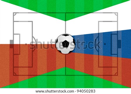 Poland and Russia flag on Soccer field layout