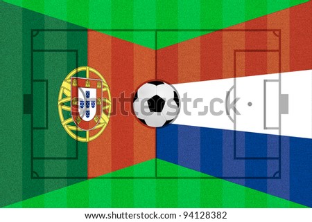 Portugal and Netherlands flag on Soccer field layout