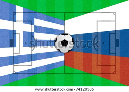 Greece and Russia flag on Soccer field layout
