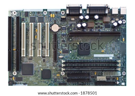 a computer motherboard on white background