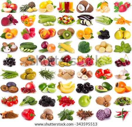 collection of fresh fruits and vegetables isolated on white background