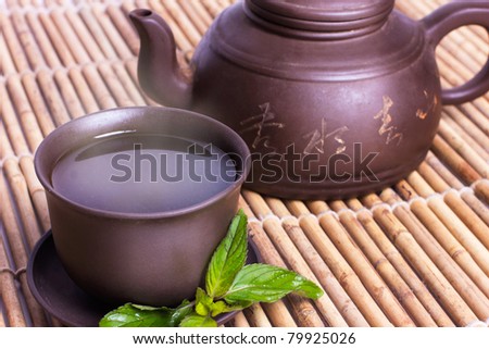 China tea on the bamboo,close-up