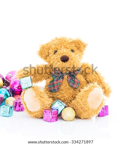 Teddy bear with gifts and ornaments christmas on white background