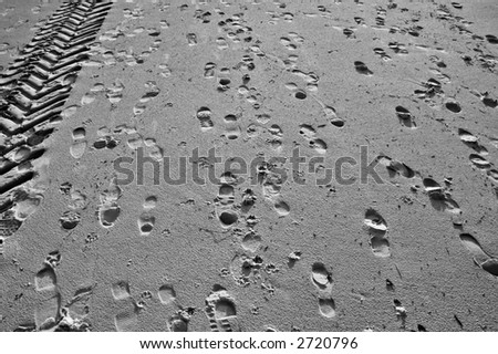 Foot Prints and car path In The Sand