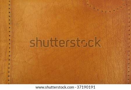 Close up view of old cowhide leather swatch with stitching holes