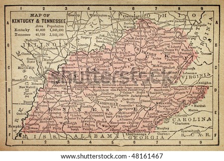 map of kentucky and tennessee. stock photo : Old map showing Kentucky and Tennessee in 1880 with 