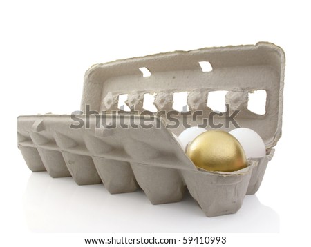 Ordinary egg carton with one golden egg on white