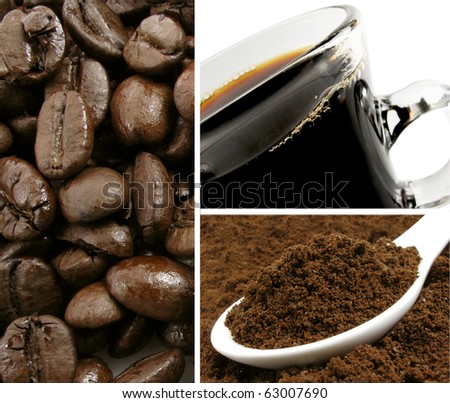 Whole bean roasted coffee with ground coffee and a cup of fresh-brewed hot coffee