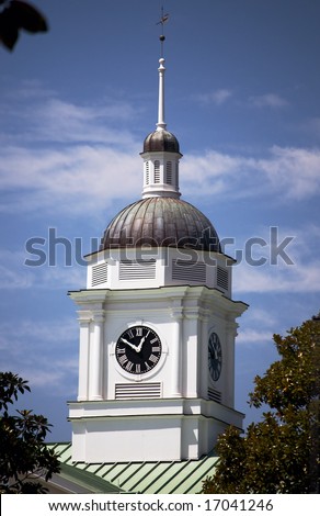 Bell and clock tower above a courthouse in \