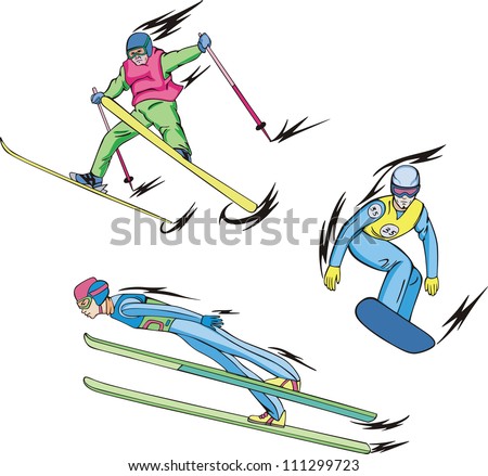 Skiing - winter sports: Ski jumping, Freestyle skiing and Snowboarding. Set of color vector illustrations.