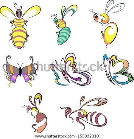 Stylized insects - bees, wasps and butterflies. Set of color vector animal icons.