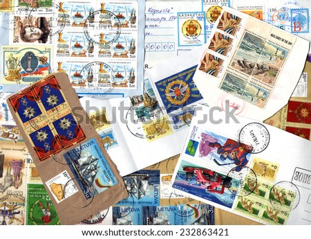 EASTERN EUROPE, USA - CIRCA 2000-2010: Background of the postage stamps issued in miscellaneous countries. Scraps.